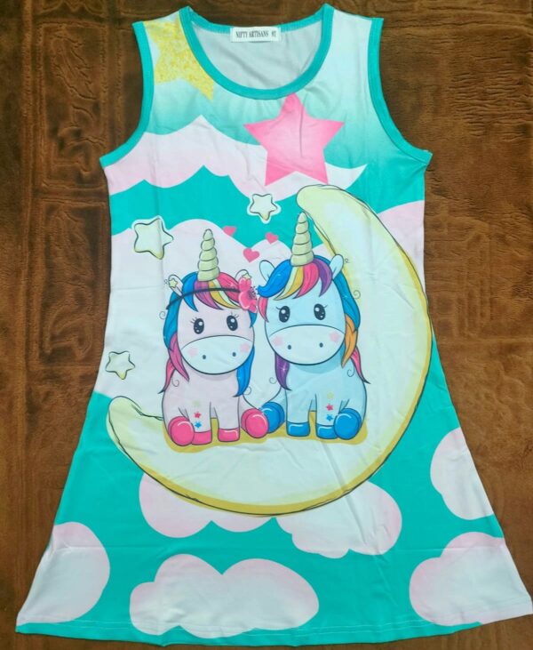 Girls Summer Party Character Cartoon Printed Sleeveless Frock - Image 9